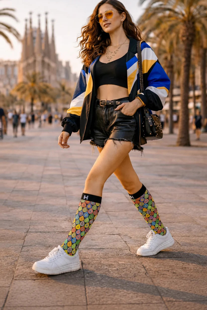 Șosete lungi damă festival HYD Celebration F11 DROPS MULTICOLOR – design artistic multicolor pentru un stil îndrăzneț
